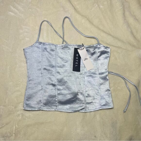 NWT Motel Rocks Light Blue Corset Pleated Satin Camisole Powder Blue Cosey Top - Picture 3 of 7